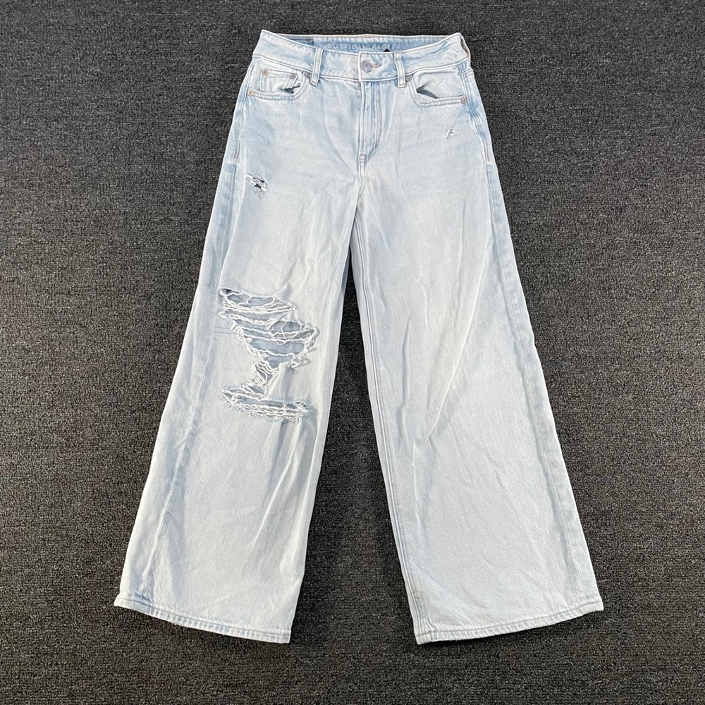 American Eagle Strigid Wide Leg Jeans Womens 00 Short Light Blue Distressed Good